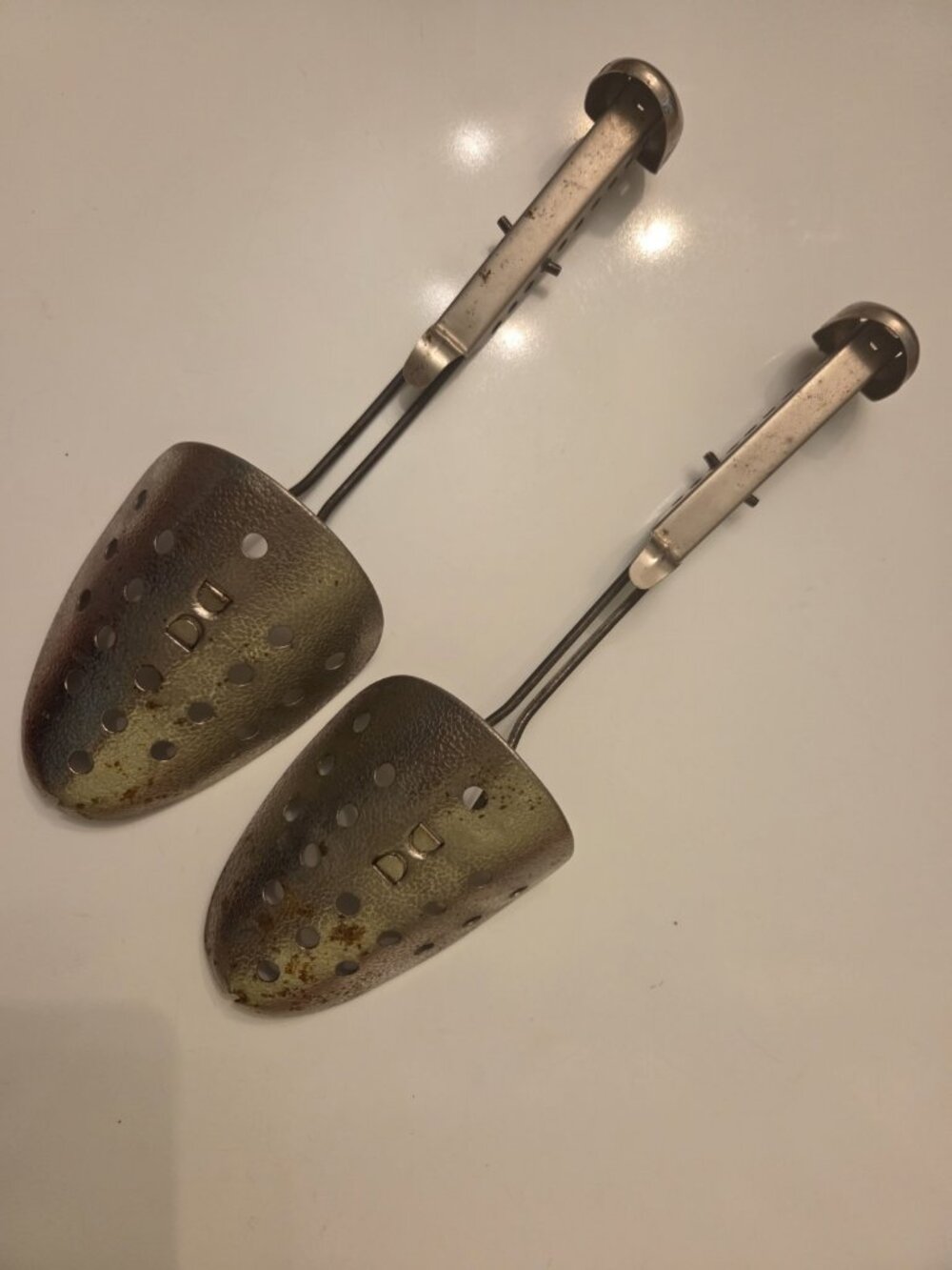 Pair Vintage EKCO Hammered Metal Shoe Trees Shaper Stretcher Adjustable 2 1950s